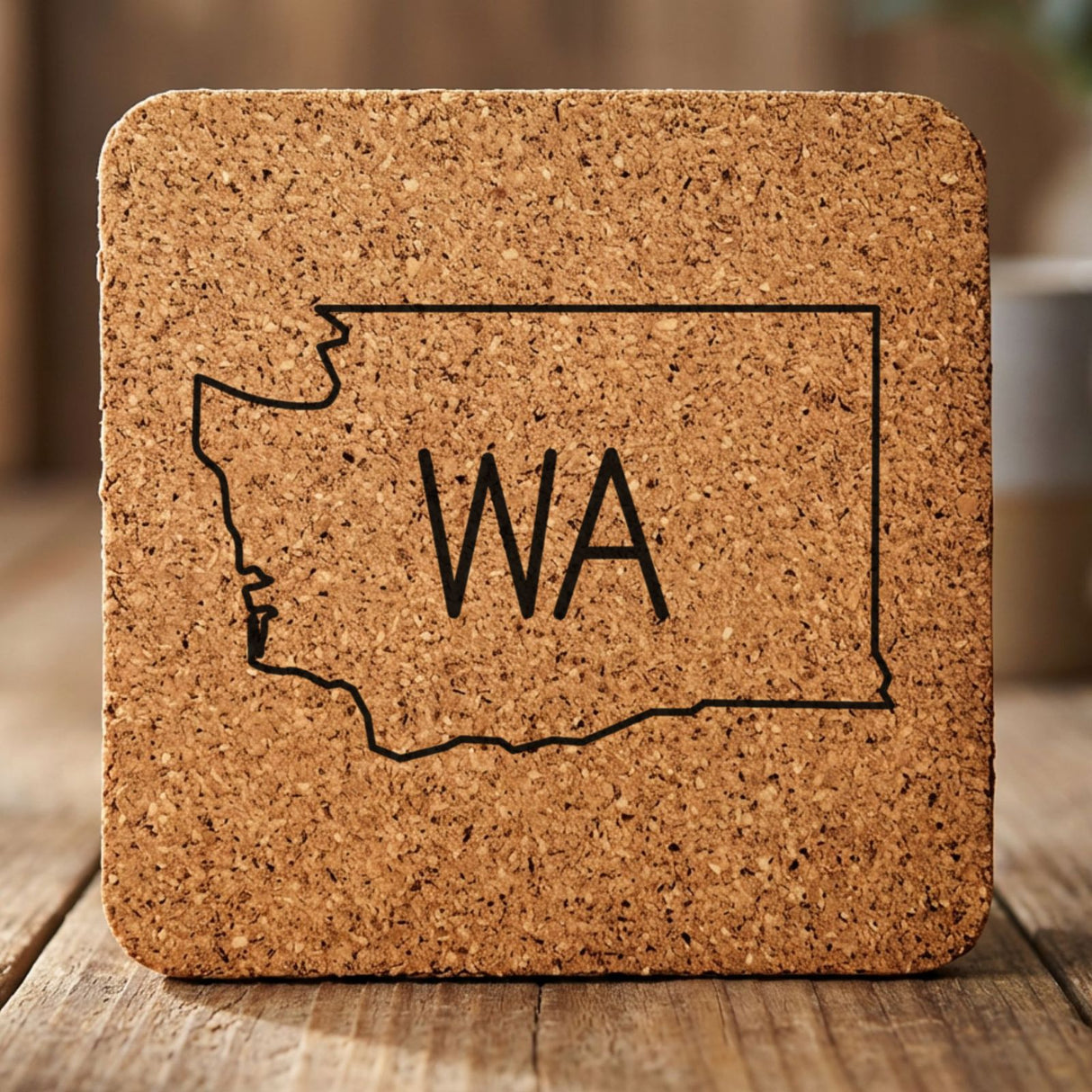 Washington square cork coaster engraved with the state outline and WA initials