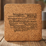 Washington square cork coaster engraved with a word cloud of repeating Washington text
