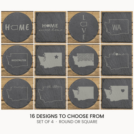 Washington slate coaster set, laser engraved natural stone