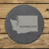 Washington round slate coaster engraved with the state shape and WASHINGTON in bold lettering