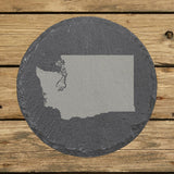 Washington round slate coaster with the full state shape engraved