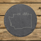 Washington round slate coaster engraved with the state outline and est. 1889