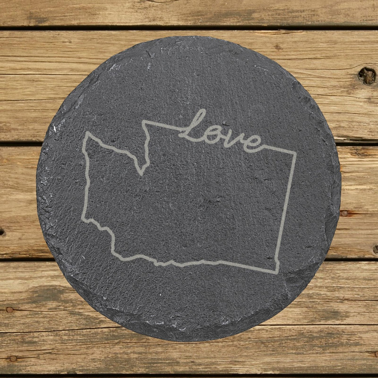 Washington round slate coaster engraved with a hand-drawn state outline and love in cursive