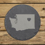 Washington round slate coaster engraved with the state shape and a heart