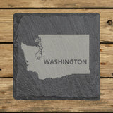 Washington square slate coaster engraved with the state shape and WASHINGTON in bold lettering