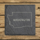 Washington square slate coaster engraved with the state outline and WASHINGTON in hand-drawn brush lettering