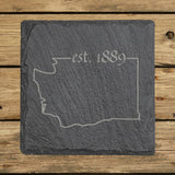 Washington square slate coaster engraved with the state outline and est. 1889