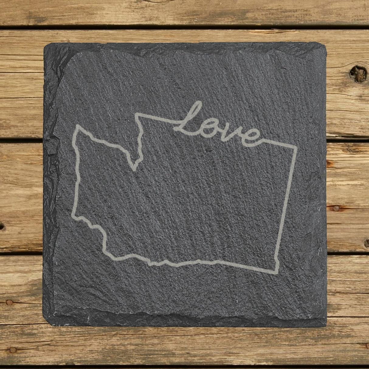 Washington square slate coaster engraved with a hand-drawn state outline and love in cursive