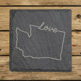 Washington square slate coaster engraved with a hand-drawn state outline and love in cursive
