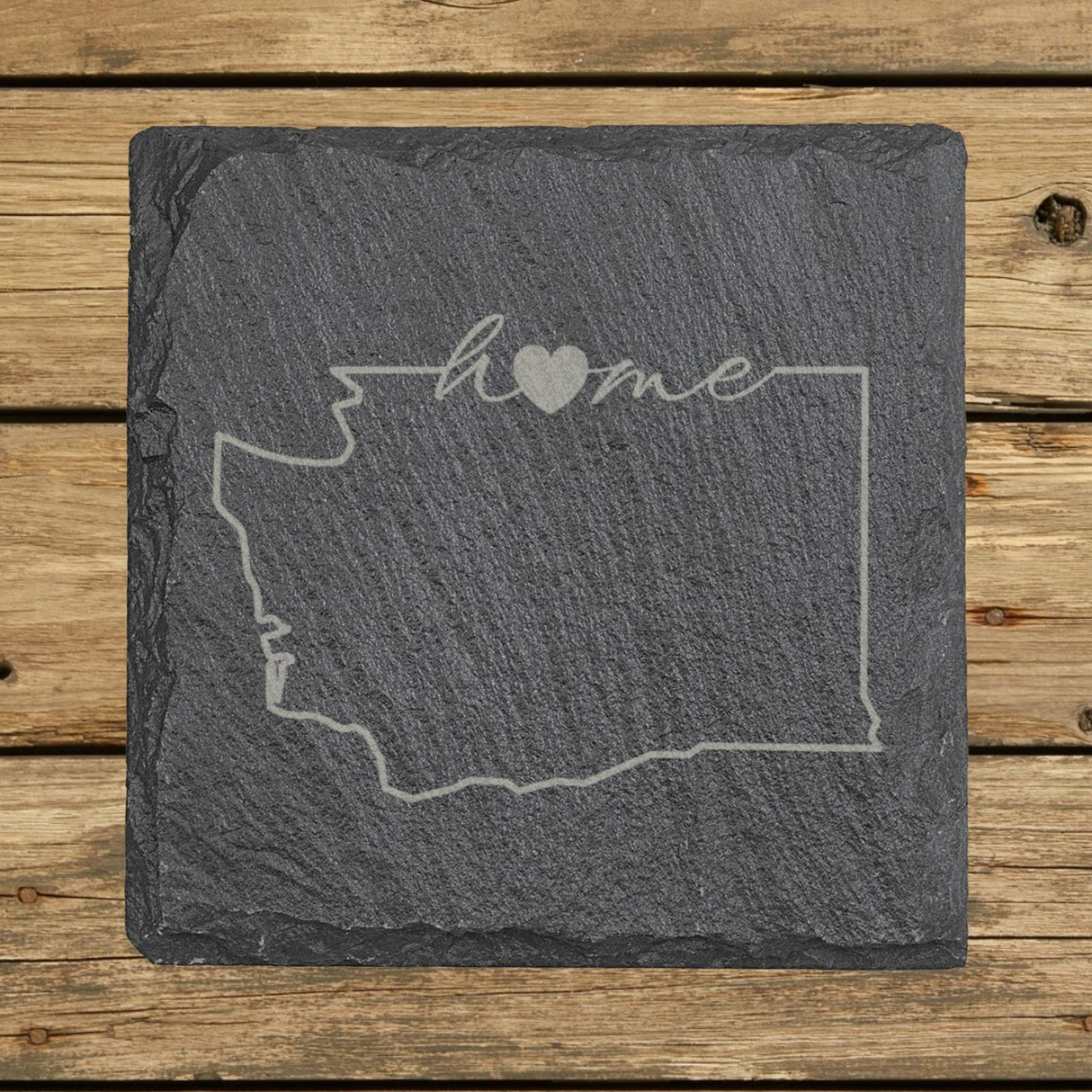 Washington square slate coaster engraved with the state outline and home in script with a heart