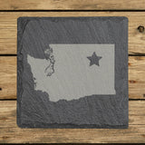 Washington square slate coaster engraved with the state shape and a star
