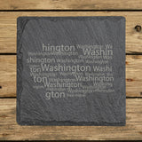 Washington square slate coaster engraved with a word cloud of repeating Washington text