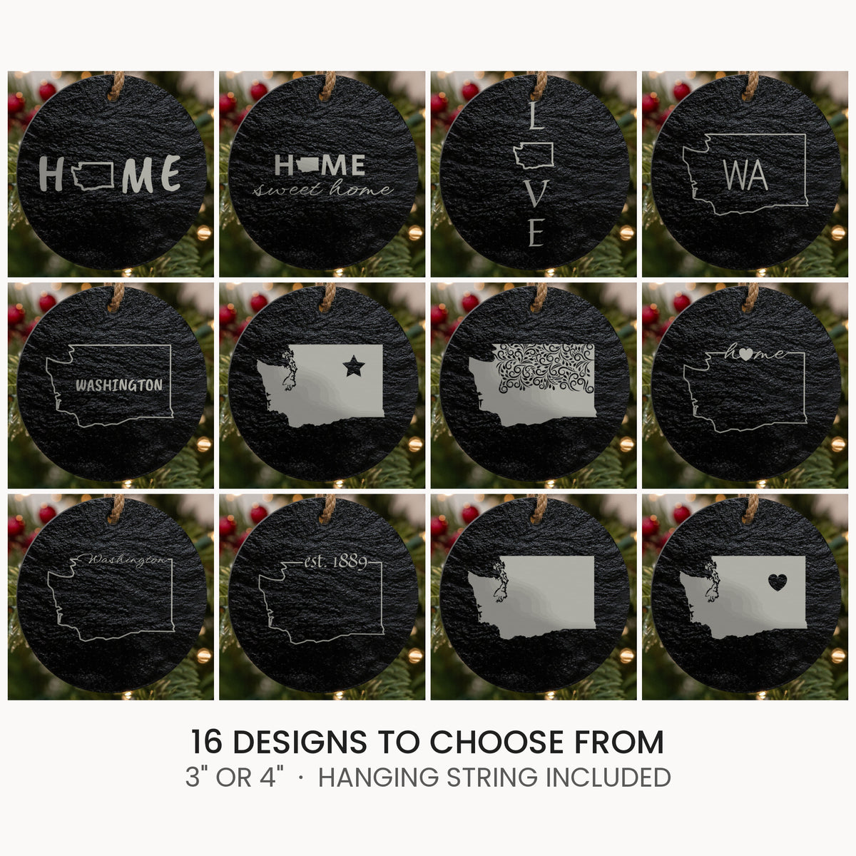 Washington slate Christmas ornament, laser engraved natural stone