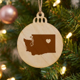 Washington round wood Christmas ornament engraved with the state shape and a heart