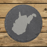 West Virginia round slate coaster with the full state shape engraved