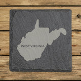 West Virginia square slate coaster engraved with the state shape and WEST VIRGINIA in bold lettering
