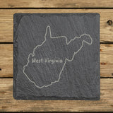 West Virginia square slate coaster engraved with the state outline and WEST VIRGINIA in hand-drawn brush lettering