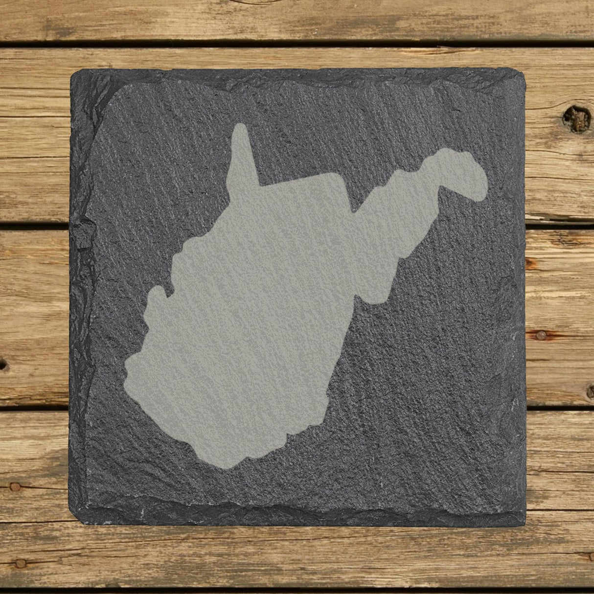 West Virginia square slate coaster with the full state shape engraved