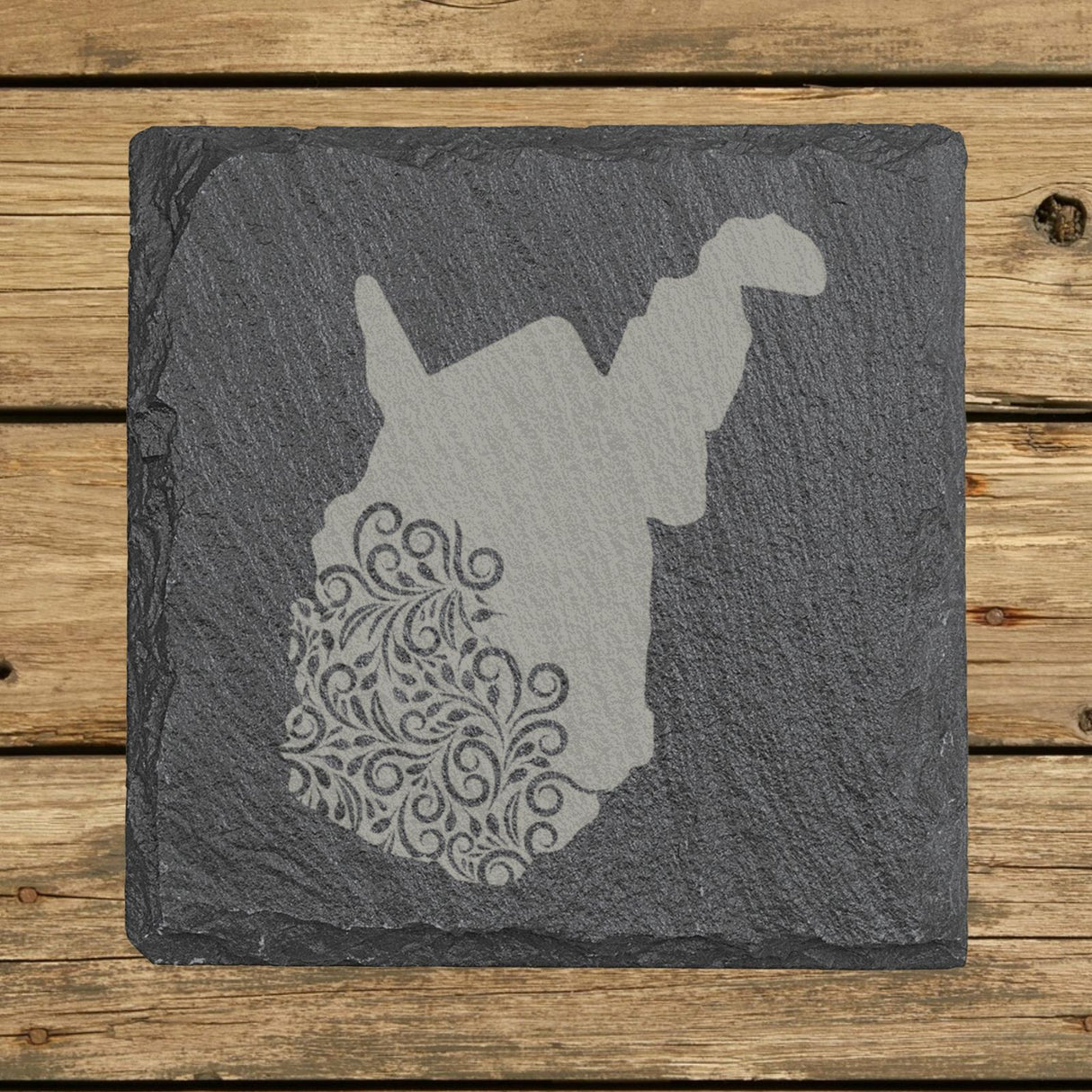 West Virginia square slate coaster engraved with the state shape in ornate floral scrollwork