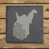 West Virginia square slate coaster engraved with the state shape in ornate floral scrollwork