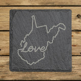 West Virginia square slate coaster engraved with a hand-drawn state outline and love in cursive