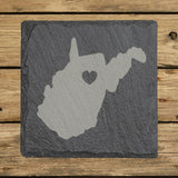 West Virginia square slate coaster engraved with the state shape and a heart