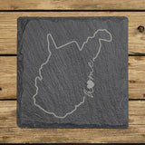 West Virginia square slate coaster engraved with the state outline and home in script with a heart