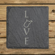 West Virginia square slate coaster engraved with LOVE stacked vertically using the state as the letter O