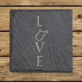 West Virginia square slate coaster engraved with LOVE stacked vertically using the state as the letter O