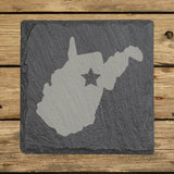 West Virginia square slate coaster engraved with the state shape and a star