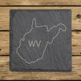 West Virginia square slate coaster engraved with the state outline and WV initials