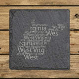 West Virginia square slate coaster engraved with a word cloud of repeating West Virginia text