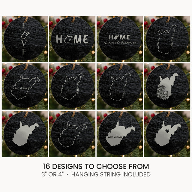 West Virginia slate Christmas ornament, laser engraved natural stone