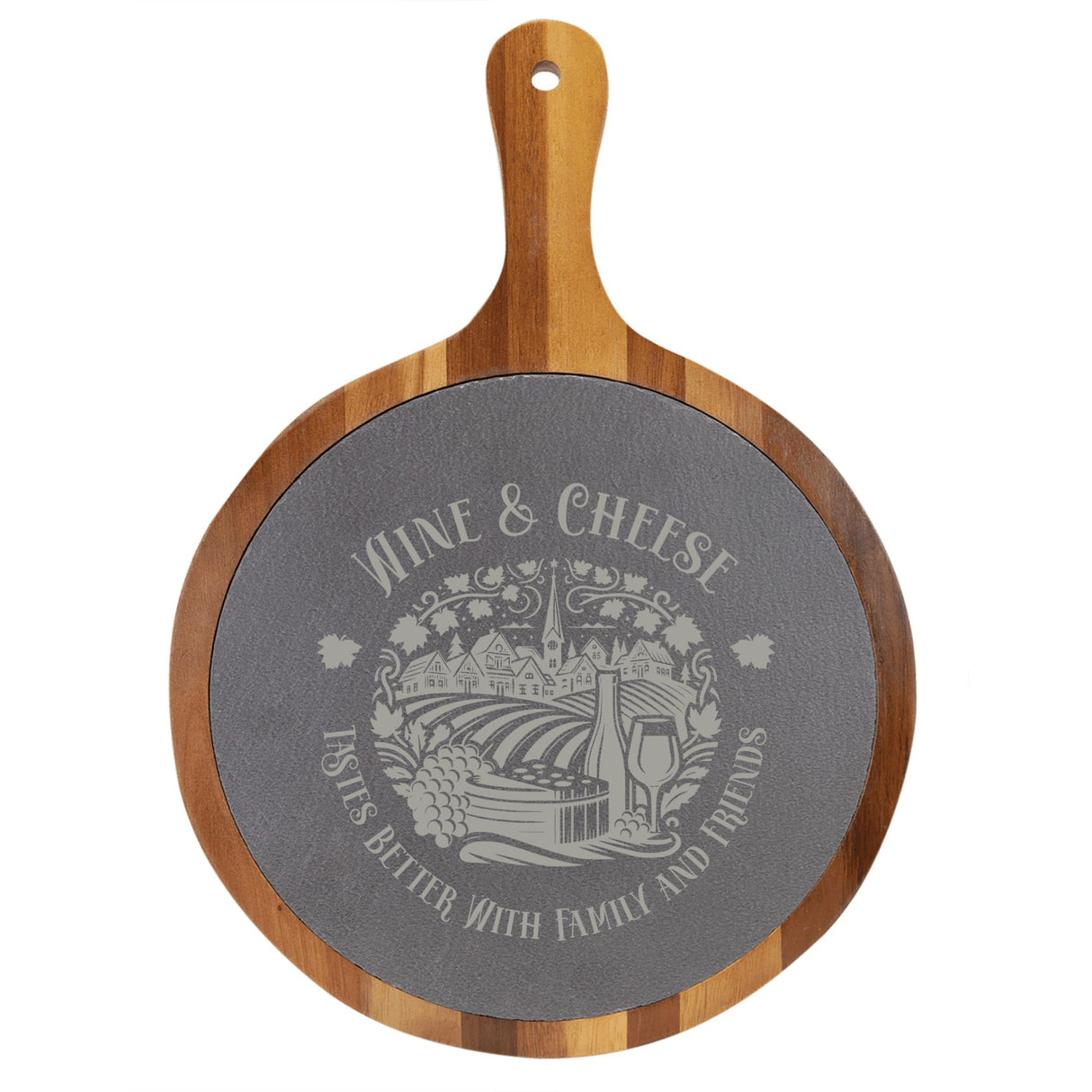 "Wine & Cheese Tastes Better with Family and Friends" Round Acacia Wood/Slate Cutting Board - Laser Engraved