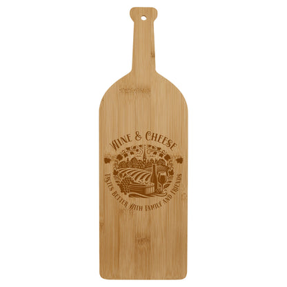 Bamboo Wine Bottle-Shaped Cutting Board – "Wine & Cheese Taste Better with Family and Friends" Design
