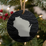 Wisconsin round slate Christmas ornament with the full state shape engraved