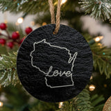 Wisconsin round slate Christmas ornament engraved with a hand-drawn state outline and love in cursive