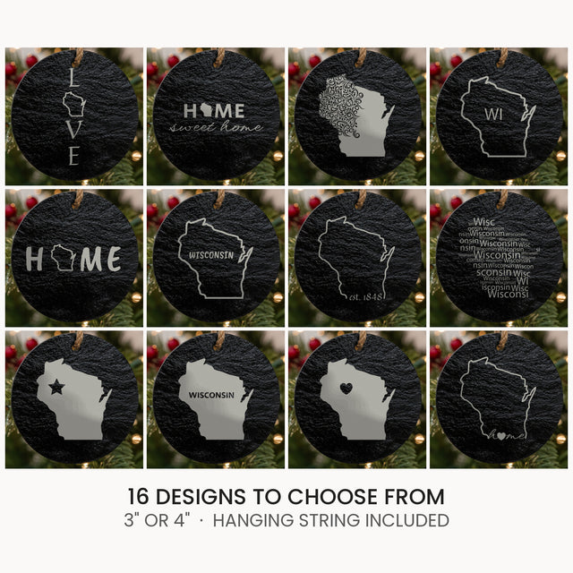 Wisconsin slate Christmas ornament, laser engraved natural stone