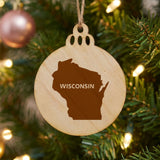 Wisconsin round wood Christmas ornament engraved with the state shape and WISCONSIN in bold lettering