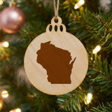 Wisconsin round wood Christmas ornament with the full state shape engraved