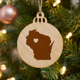 Wisconsin round wood Christmas ornament engraved with the state shape and a heart