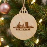 Fort Wayne, Indiana skyline engraved on a round wood Christmas ornament