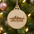 Long Beach, California skyline engraved on a round wood Christmas ornament