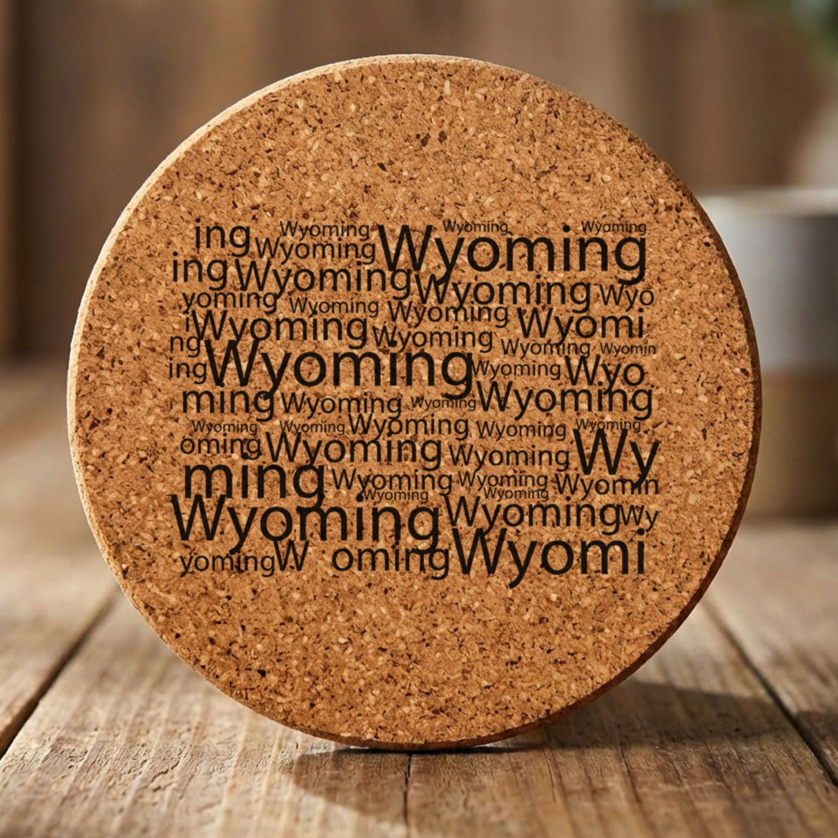 Wyoming round cork coaster engraved with a word cloud of repeating Wyoming text
