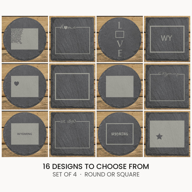 Wyoming slate coaster set, laser engraved natural stone