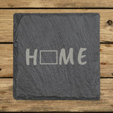 Wyoming square slate coaster engraved with HOME using the state outline as the letter O