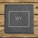 Wyoming square slate coaster engraved with the state outline and WY initials