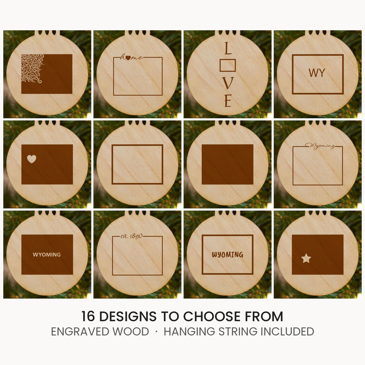 Wyoming wood Christmas ornament, laser engraved natural wood